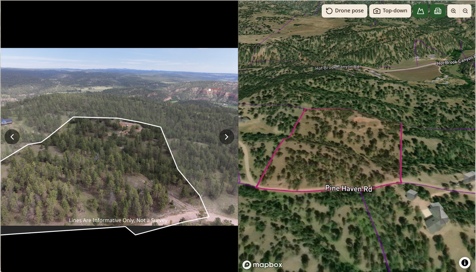 Epiloft lightbox showing a boundary-marked drone photo beside a matching 3D terrain view with parcel overlays