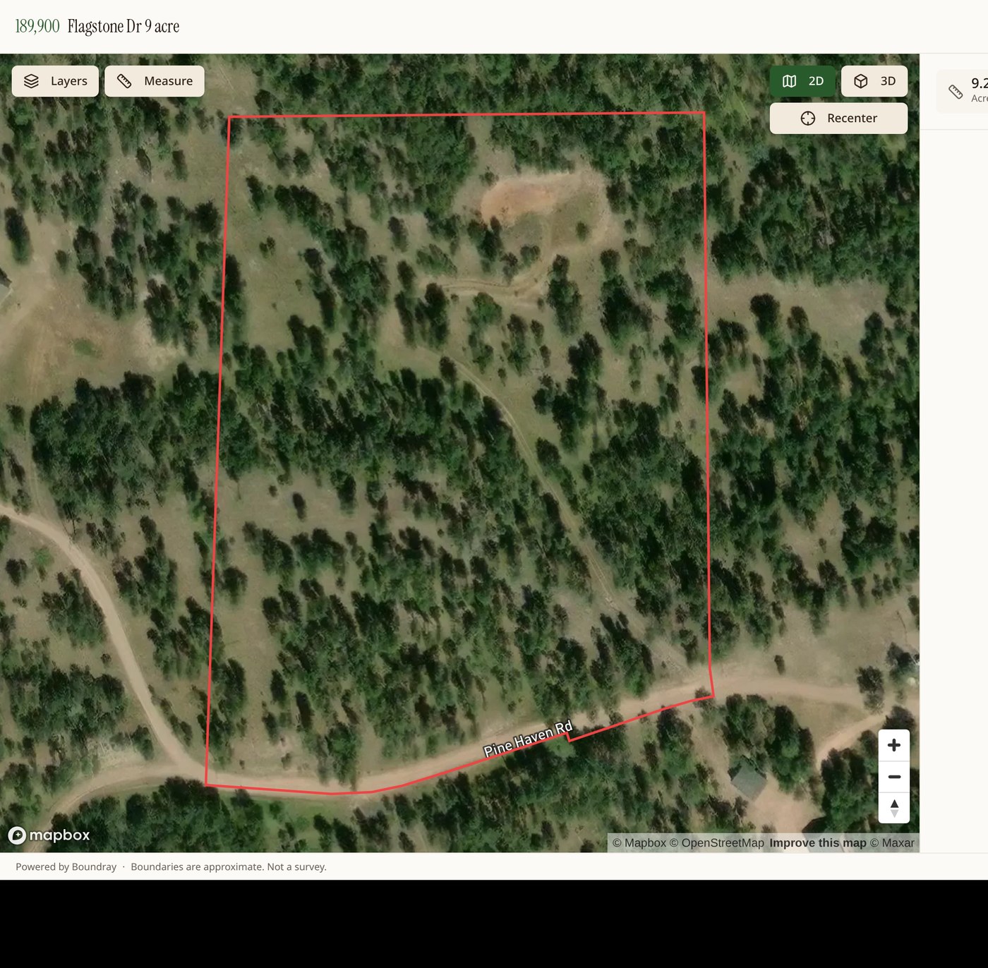 Interactive Epiloft listing map with the parcel outlined in red over satellite imagery and an acreage readout